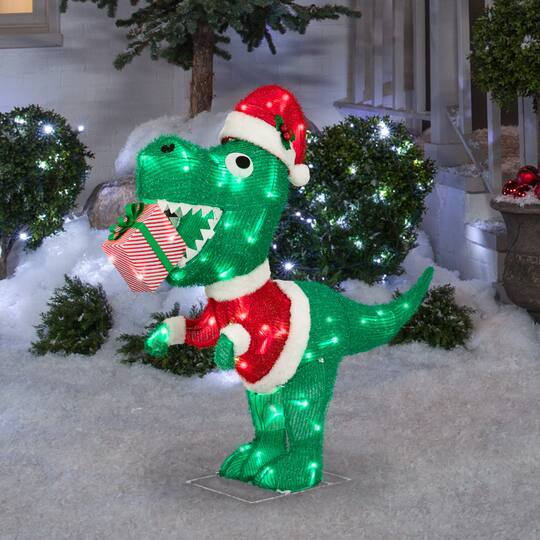 3.5ft. Airblown® Tinsel Dinosaur with Santa Suit Christmas Decoration